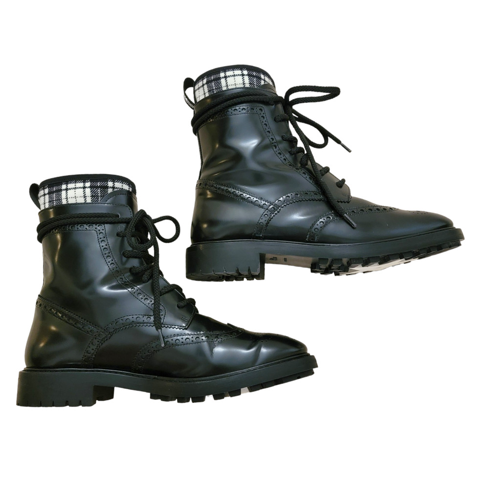Christian Dior D Order Tartan Lace Up Black Leather Ankle Combat Boots 8.5 38.5